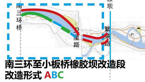 　沿河区域的蓝色线条部分为方案B的实施区域